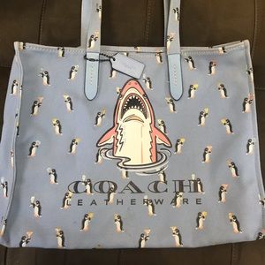 Rare COACH Blue SHARKY Penguin Canvas TOTE used